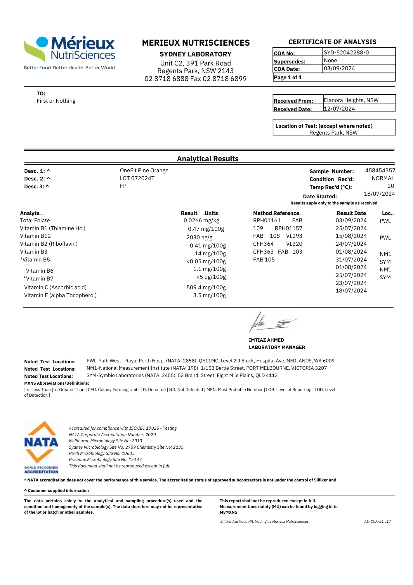 OneFit Testing Results 'July to September'